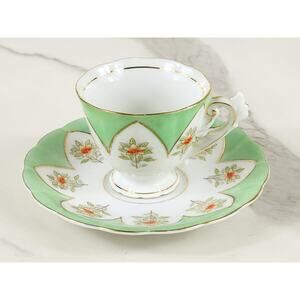 UCAGCO China Green Teacup Saucers Occupied Japan Porcelain 50s Gold Trim Vintage